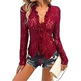 RUIWANBBY Lace Tops for Women Y2k Sexy Open Front Tie Long Sleeve Ruffle Trim See Through Mesh Crop Top Blouses Streetwear