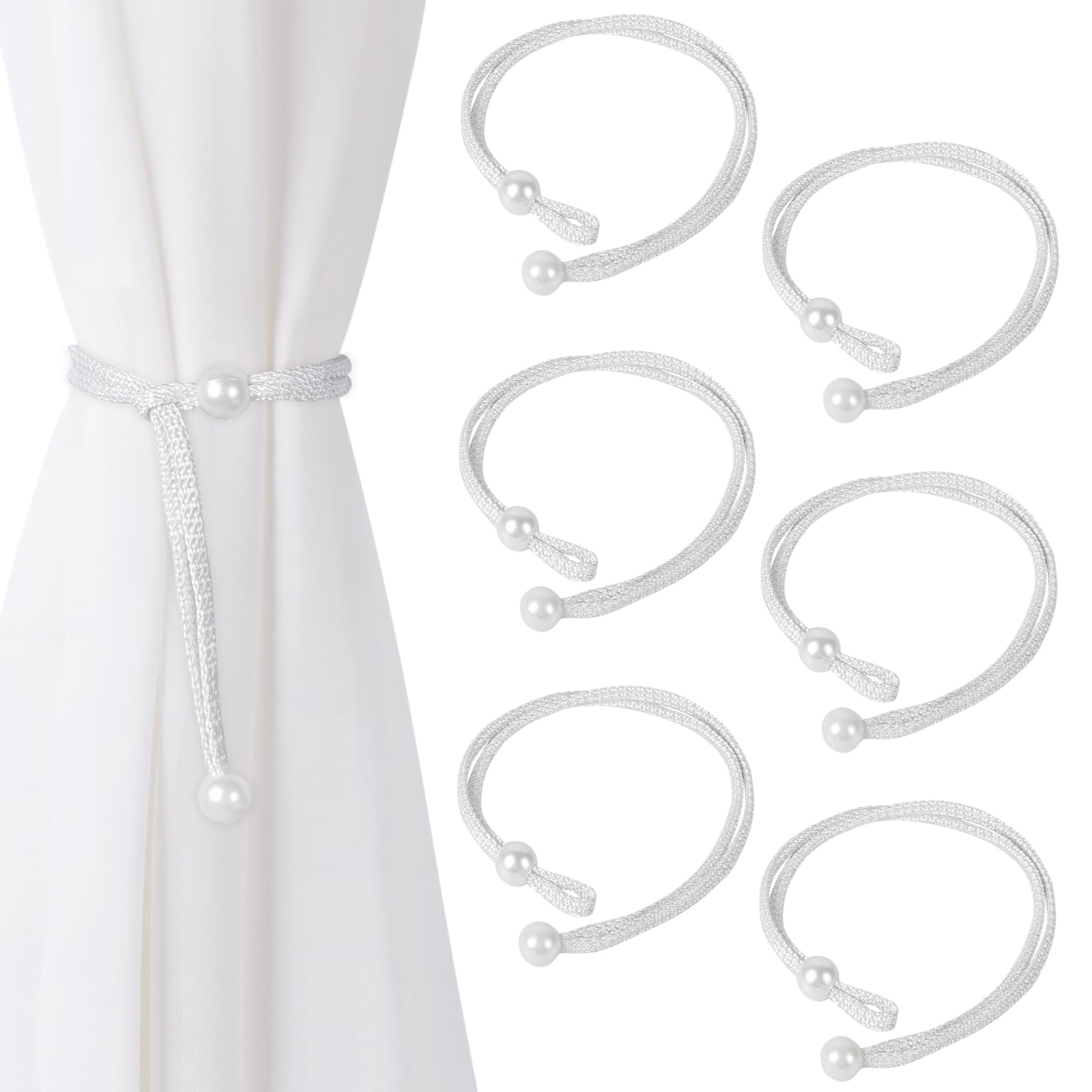 Dalababa 3 Pair Curtain Tie Backs Rope, Polyester Hand-Woven Drapery Holdbacks, Pearl Curtain Tiebacks Straps Buckles for Home Decor (White)