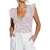 Ezbelle Women's V Neck Tank Summer Tops Striped Tshirts Ruffle Short Sleeve Slim Fitted Ribbed Knit Sexy Blouse 2026