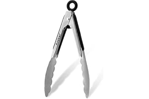 Anaeat 7" Mini Cooking Tong Stainless Steel - Sturdy Coiled Spring Locking Kitchen Food Tong with Non-Slip Silicone Grip for Serving, Cooking, Baking - Heat Resistant up to 480°F (Black)