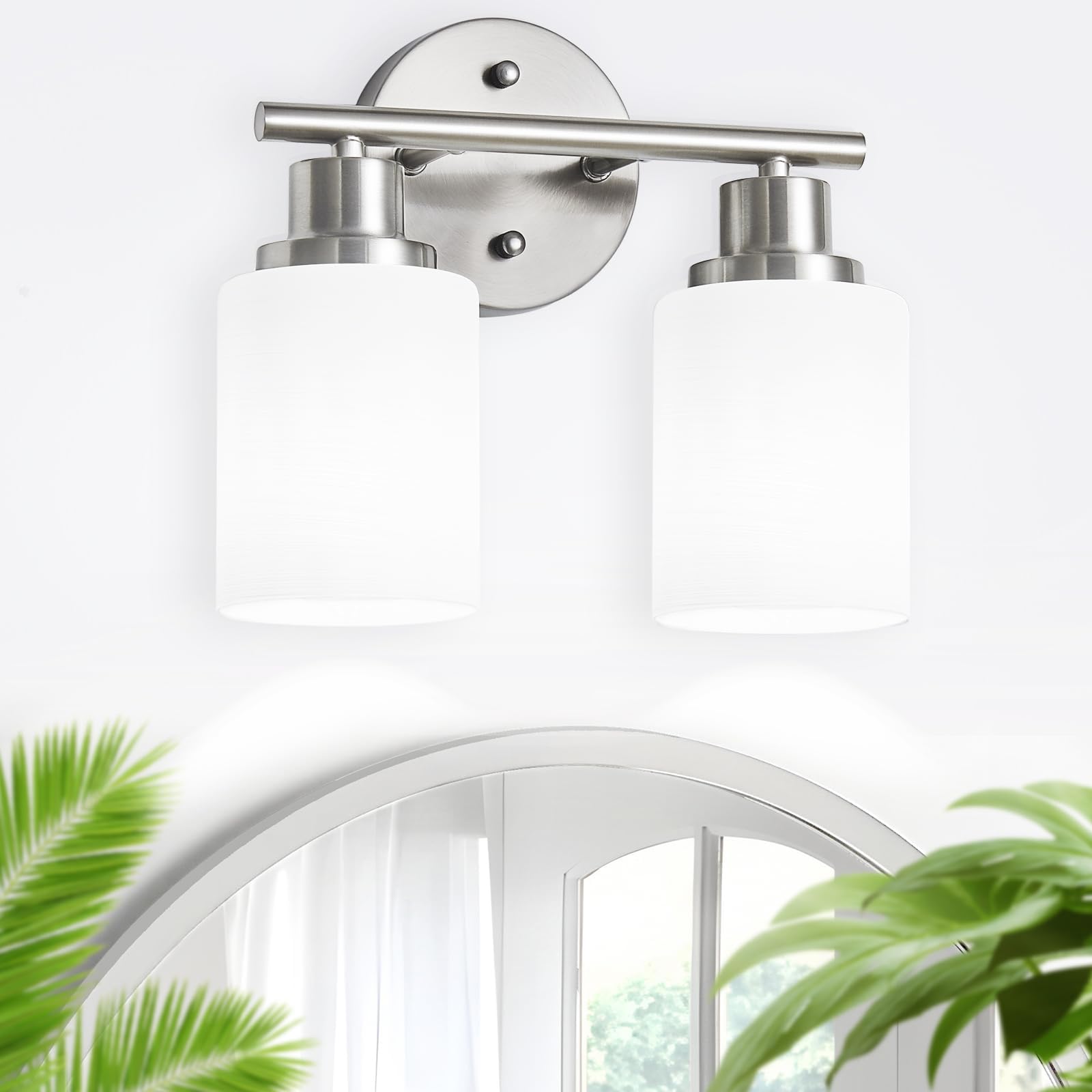 Photo 1 of Guliaofo 2-Light Vanity Lights, Brushed Nickel Bathroom Light Fixture with Striped Textured Milky White Glass Shade, E26 Modern Vanity Lighting Fixture for Bathroom Wall Sconce Light Over Mirror