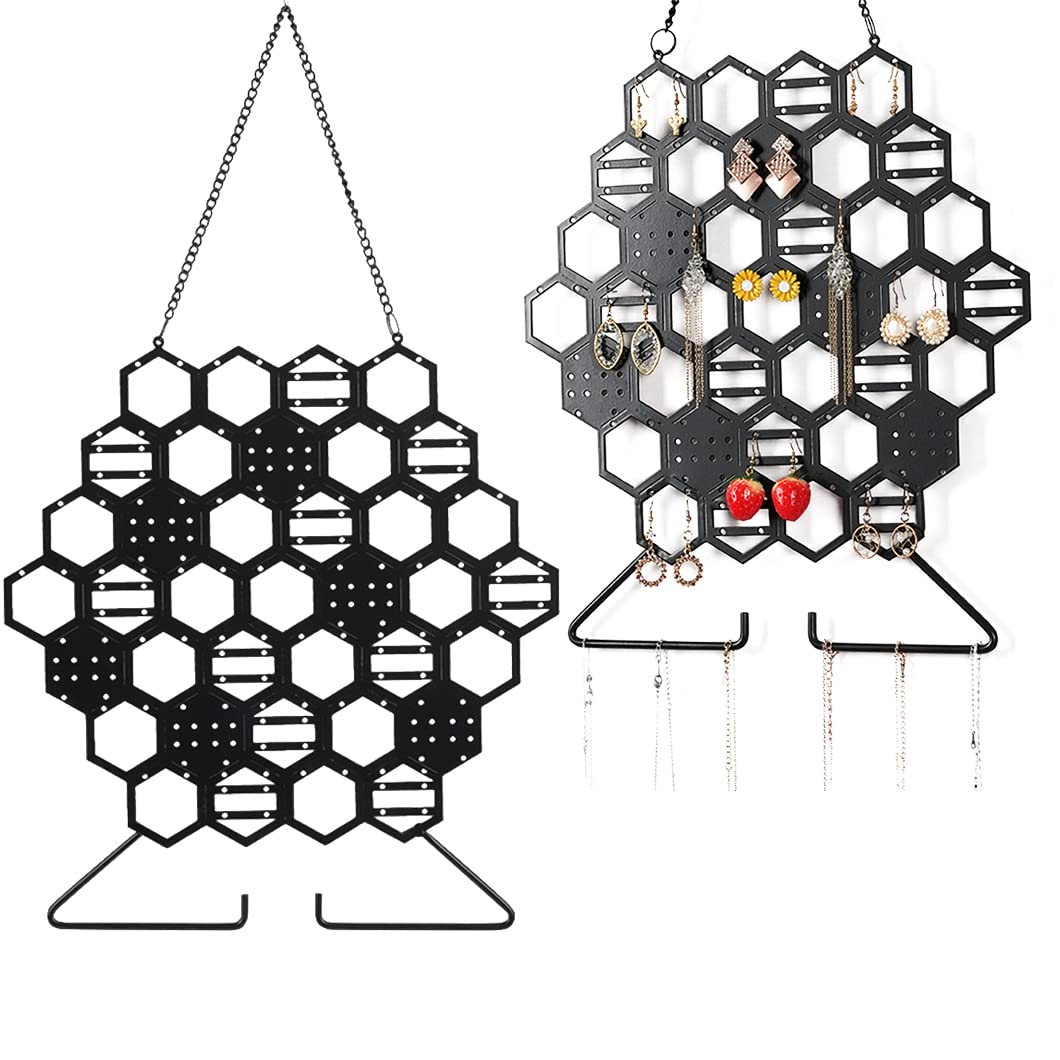 Rolin Roly Hanging Jewelry Organizer Honeycomb Wall Mounted Earring Display Hexagon Hanger Closet Storage Rack with Hooks Black Mesh Necklaces Bracelets Holder for Girl Women