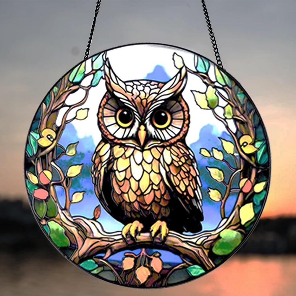 Photo 1 of 11.7IN Owl Stained Glass Window Hanging - Heavenly Sun Catcher for Indoor Windows, Perfect Harmonious Home Decor, Vibrant and Colorful Glass Artwork.