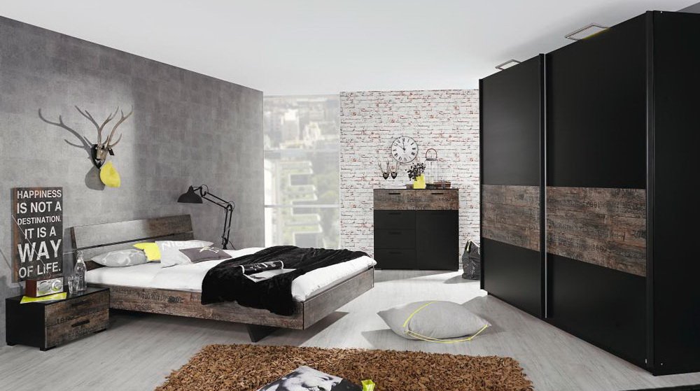 Schlafzimmer in schwarz/Vintage-Optik braun, Schwebetürenschrank 225