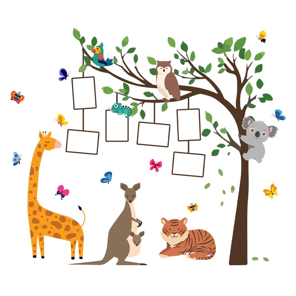 SUPERDANT Colorful Animal Family Wall Stickers Tree with Hanging Photo Frames Peel and Stick Giraffe Tiger Kangaroo Decals for Nursery Kids Playroom Bedroom Living Room