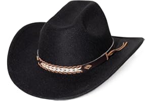 LolliWeaver Women Men Fashion Wide Brim Teardrop Crown Felt Western Cowboy Cowgirl Hat with Silver Studs Leather Hat Band