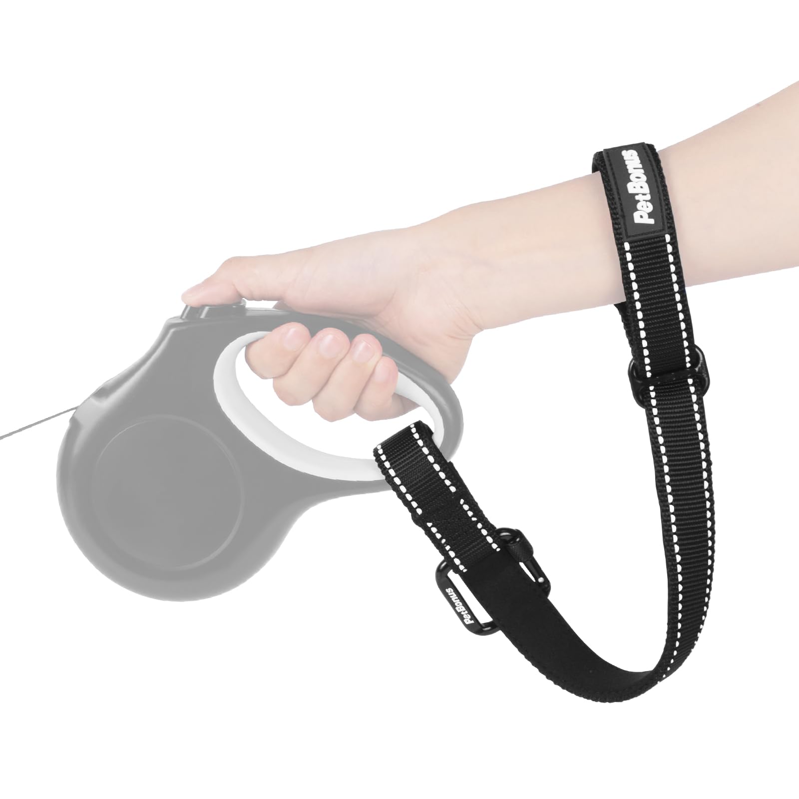 PetBonus Dog Lead Wrist Strap, Safety Strap for Retractable Lead, Lockable Reflective Short Dog Walking Leash with Adjustable Soft Padded Handle, Extra Layer Security for Pet Stroller (Black)