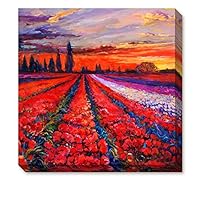 Donglin Art-Framed Oil Painting Print Landscape of Blossoms of Red and Purple Tulip in the Sunset Rosy Clouds for Home and Hotel Decor Ready to Hang (12×12 inch/ 30 ×30 cm)