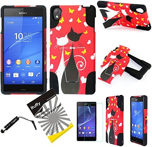 3 items Combo: ITUFFY(TM) LCD Screen Protector Film + Stylus Pen + 2tone Design Dual Layer KickStand Tuff Impact Armor Hybrid Soft Rubber Silicone Cover Hard Snap On Plastic Case for T-Mobile Sony Xperia Z3 (Red Lovely Cats and Butterfly - Black)
