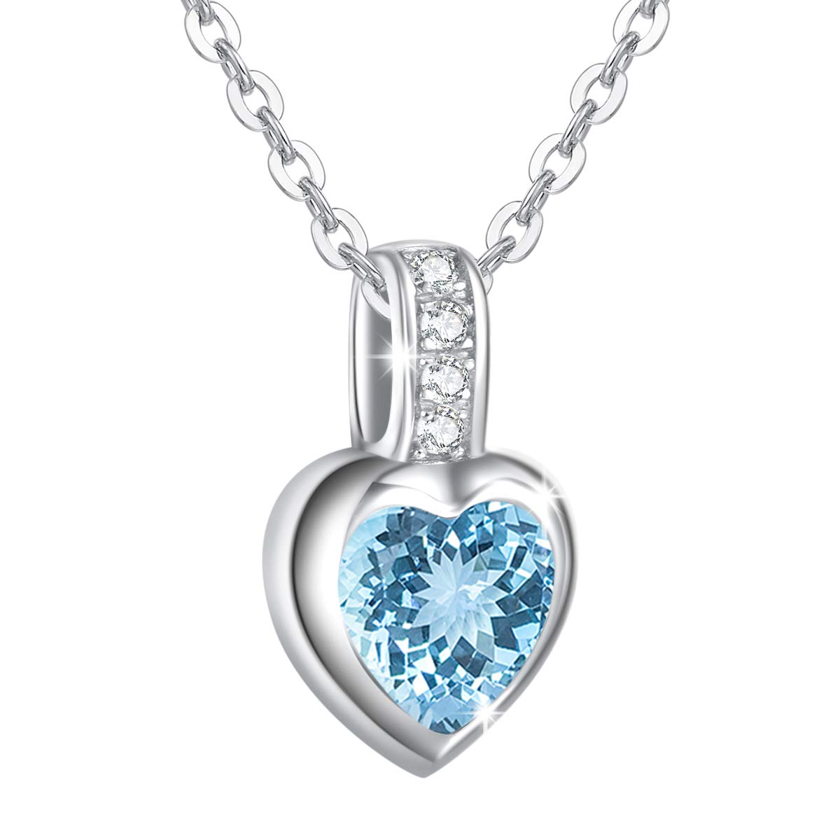 AGVANA Love Heart Birthstone Necklaces 925 Sterling Silver with White Gold Plated March Birthstone Created Auqamarine Fine Jewellery Birthday Gift for Women Girls, Length: 16 + 2 Inch — image 1