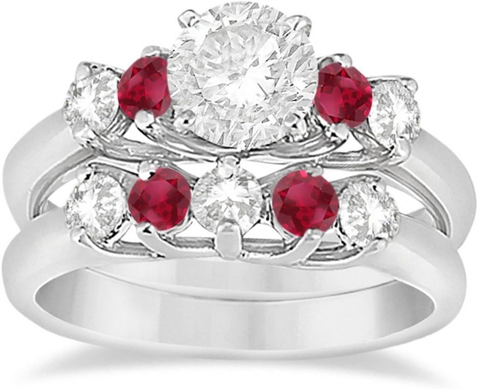 14k Gold Five Stone Diamond and Ruby Engagement Ring and Wedding Band For Women in (1.10ct)