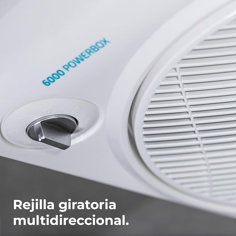 Ventilador de chão branco EnergySilence 6000 Power Box Cool. Motor de cobre, 50W, 12" de diâmetro com 5 pás, grelha rotativa, 3 velocidades, temporizador de 2 horas, uso simples e seguro