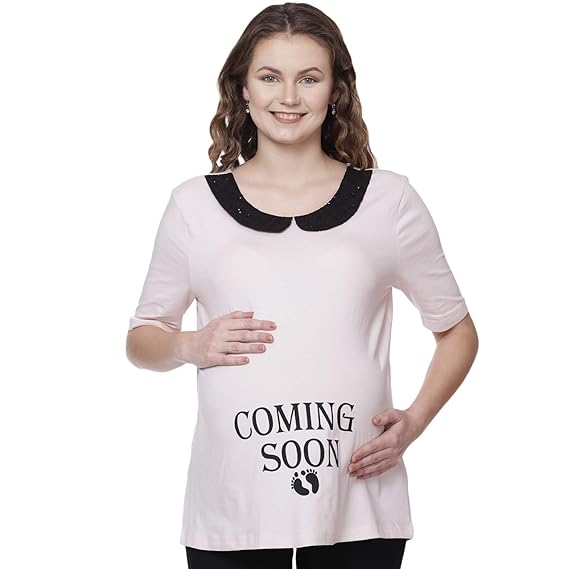 Women Maternity Top Cooming Soon Top Print in Light Pink Color Pregnancy Top