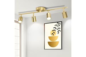 Fondiiz 4 Ways Track Lighting, Rotatable Heads Tracks Light, Track Lightings Fixtures Ceiling with Foldable Arms, Brushed Gold Tracks Light for Kitchen, Living Room, Hallway(Bulbs Not Included)