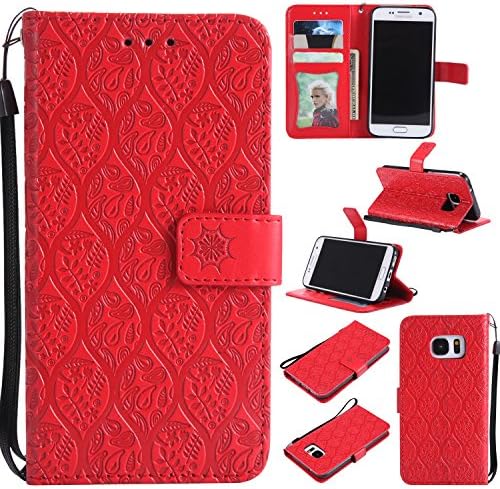SAMSUNG GALAXY S7 Wallet Case LEMY JOURNEY Vintage Emboss Floral PU Leather&amp;Soft TPU Built-In Card/Cash Slots Wallet Magnetic Wrist Strap Case For SAMSUNG GALAXY S7 (FV-RED)