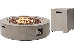 SUNBURY Outdoor 42 Inch Propane Fire Pit Table, Circular Gray Patio Fire Table 50,000 BTU w 20 lbs Tank Cover, Waterproof Cover, Free Lava Rocks