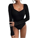 WDIRARA Women's Sweetheart Neck Long Sleeve Bodysuit Ruched Leotard Body Suit