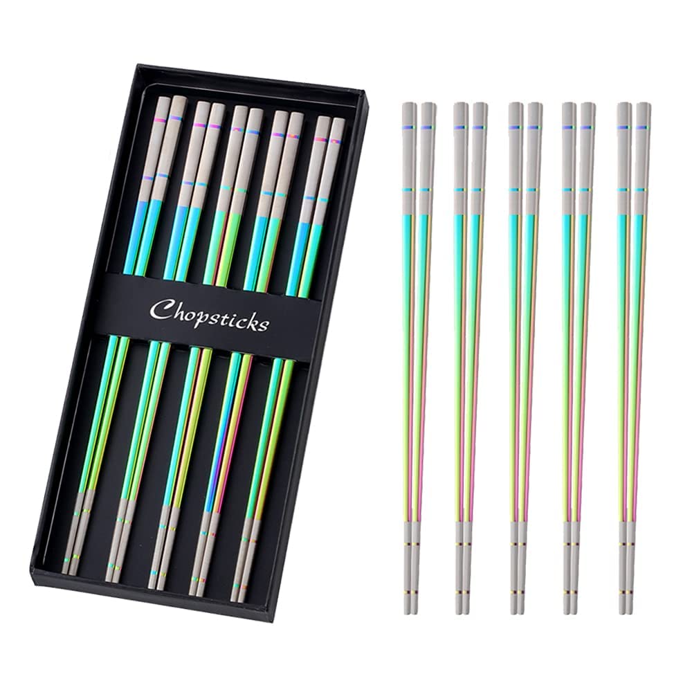 Buyer Star 5 Pairs Chopsticks, Chinese Chopsticks Reusable, Japanese Korean Chopsticks Metal 18/10 Non Slip for Sushi Noodle Rice BBQ, Dishwasher Safe (Rainbow)