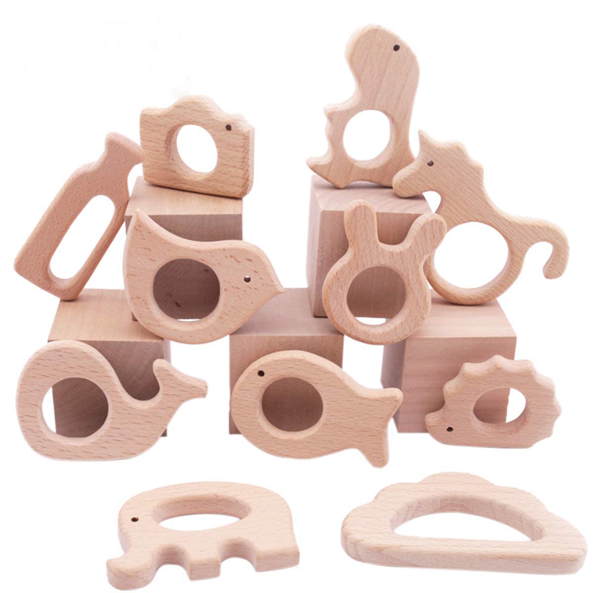 Photo 1 of Promise Babe Wooden Baby Toys 11pc Bird Elephant Wood Montessori Toys Organic Infant Handmade Pendant Rings Set Shower GIFT
