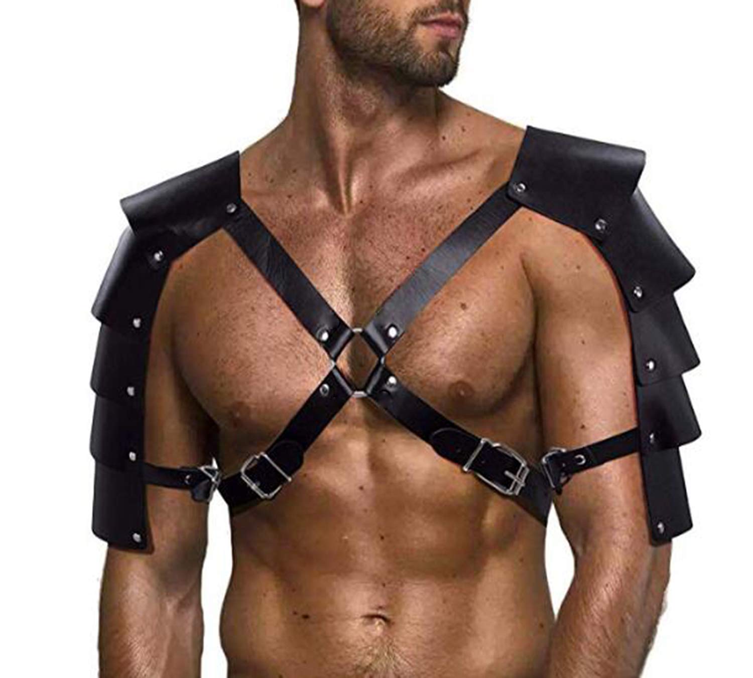 Pinwe Men's Faux Leather Body Chest Harness Costume with Shoulder Armors Adjustable Buckles(LM09)