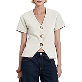 Daacee Women’s Short Sleeve Cardigan Sweaters Trendy V Neck Snap Gold Buttons Structured Cropped Cardigans Knit Tops