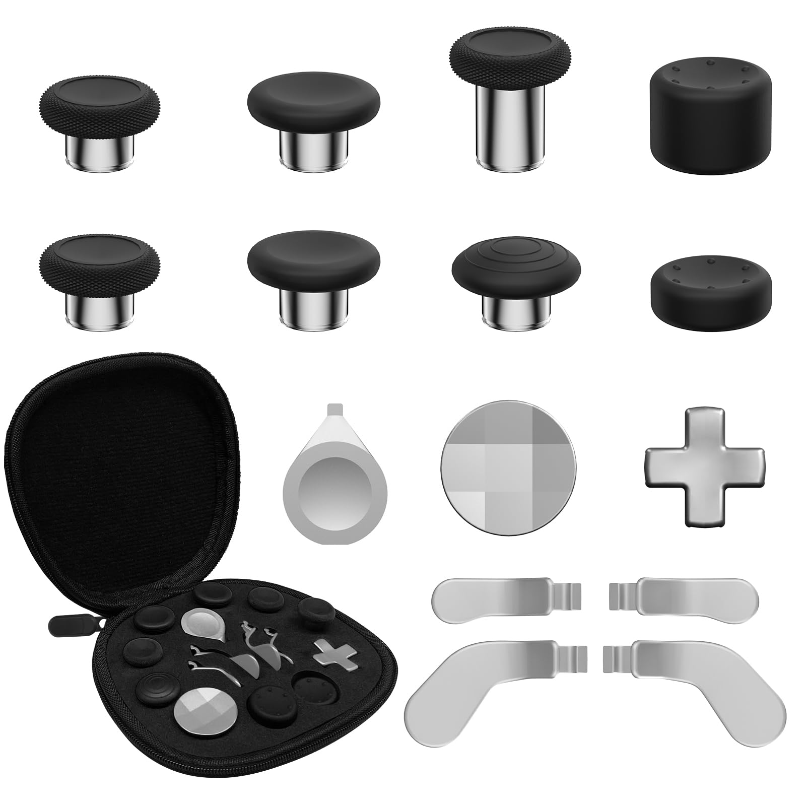 CHARM FOCUS 16-in-1 Metal Thumbsticks Replacement Kits for Xbox Elite Series 2, Xbox Elite 2 Controller Accessories, Includes Magnetic Joysticks, Paddles, Silicone Caps, D-Pads, 1 Tool (Silver)