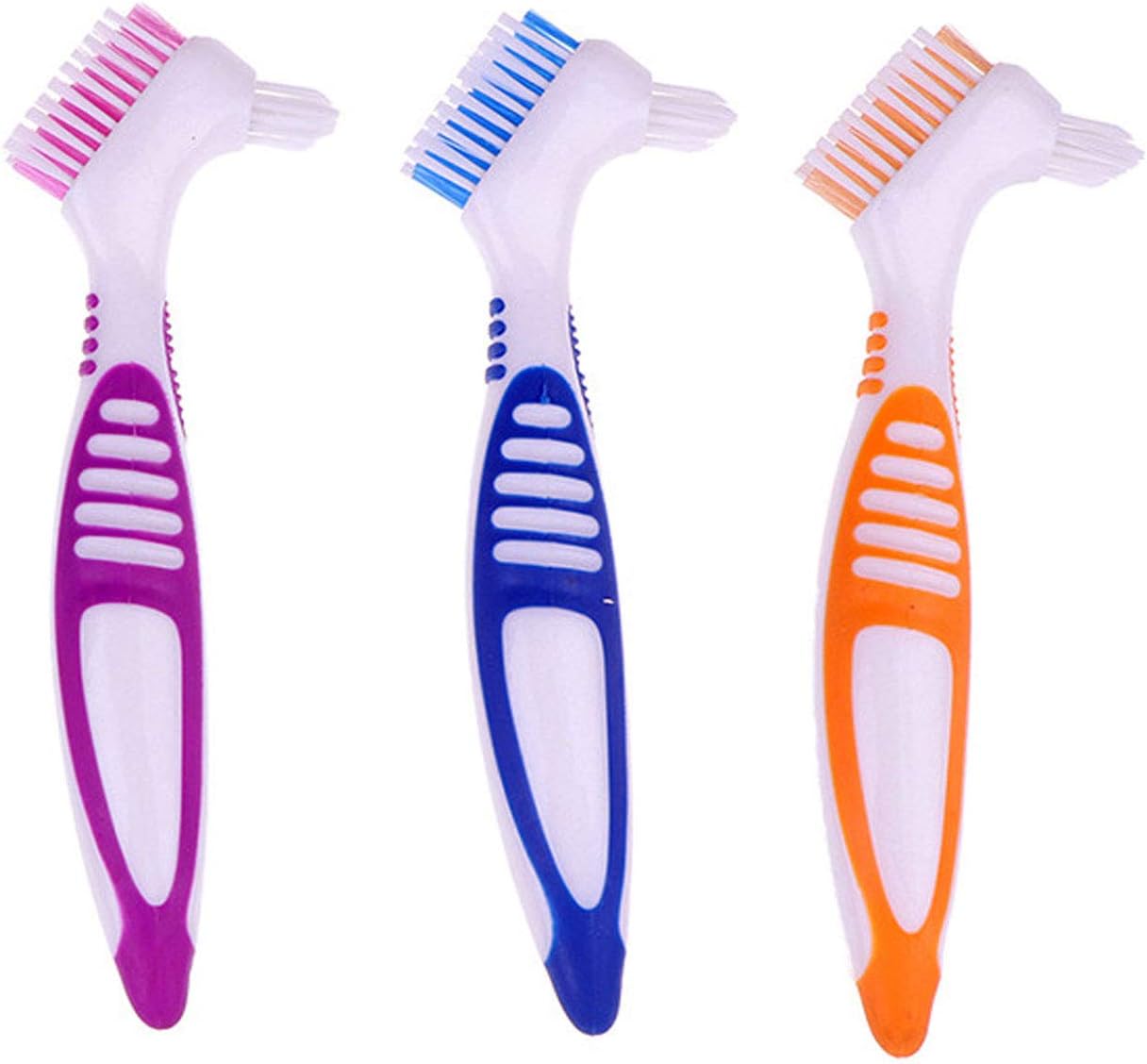 Premium Denture Cleaning Brush Set with Multi-Layered Bristles & Ergonomic Rubber Handle, Portable Denture Double Sided Brush for False Teeth Cleaning, 3 Pieces (Blue, Orange, Purple): Health & Personal Care