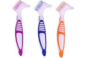 HRASY Premium Denture Cleaning Brush Set with Multi-Layered Bristles & Ergonomic Rubber Handle, Portable Denture Double Sided Brush for False Teeth Cleaning, 3 Pieces (Blue, Orange, Purple)
