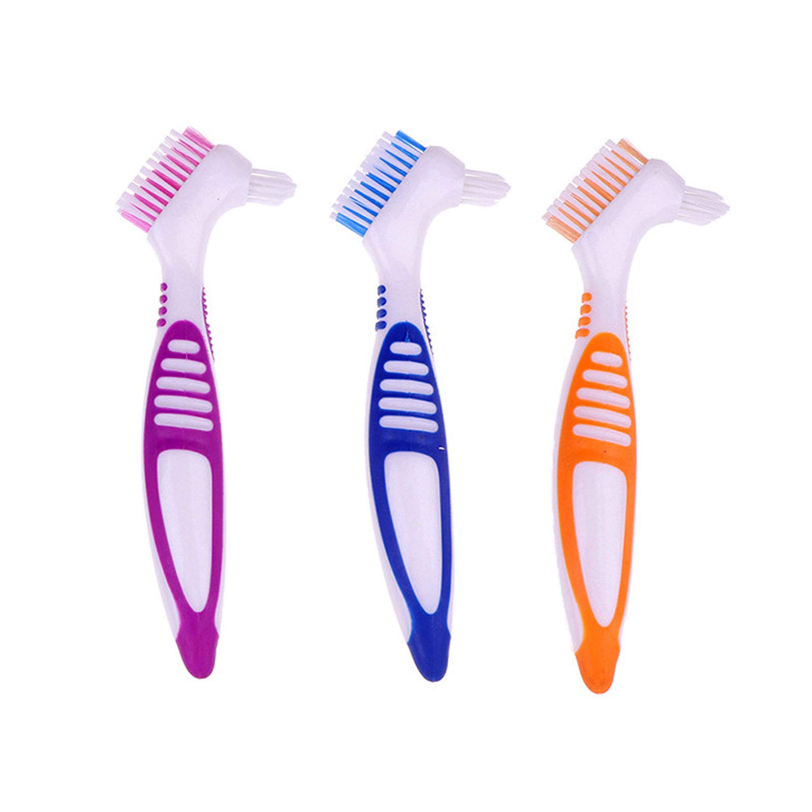 HRASY Premium Denture Cleaning Brush Set with Multi-Layered Bristles & Ergonomic Rubber Handle, Portable Denture Double Sided Brush for False Teeth Cleaning, 3 Pieces (Blue, Orange, Purple)