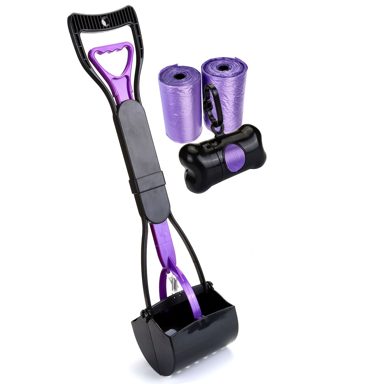 Mogoko Portable Jaw Clamp Poop Scooper Set with Poop Bag Holder and 40 Waste Bags for Outdoor Pet dog Puppy Cat Kitten (L, Black+Purple(Combo))
