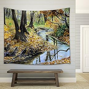 Autumn Forest with a Stream Original Landscape Painting. - Fabric Wall Tapestry Home Decor - 51x60 inches