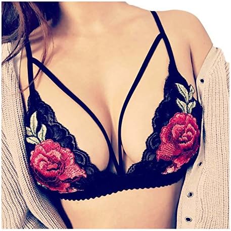 Hengguang Women's Sexy Floral Embroidery Bandage Strappy Bra Black M