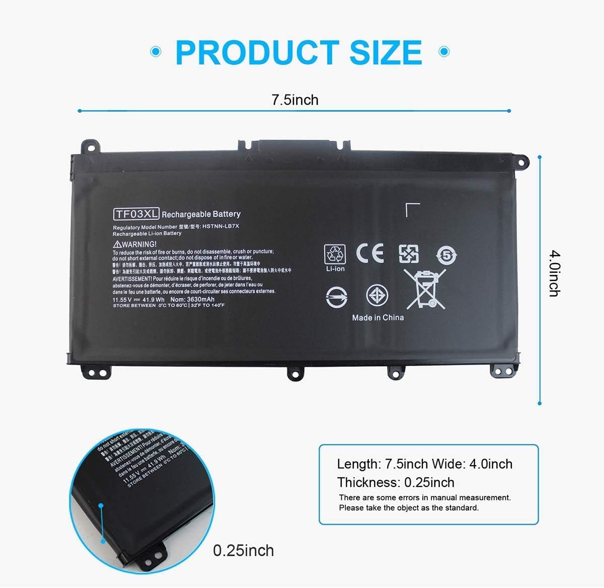 920070-855 TF03XL Laptop Battery for HP Pavilion 15-CC 15-CD 14-BF 15-CC0XX 15-CC1XX 15-CD0XX 15-CC123CL 15-CC561ST 15-CC154CL 15-CC184CL 15-CD075NR 17-AR050WM 14-BF050WM 14M-CD0001DX 14-CD0056TX - Image 5