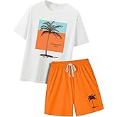 RoseSeek Men's Casual Outfits Short Sleeve Crew Neck Tropical Shirts and Drawstring Shorts Summer Beach Clothes