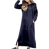 Womens Long Sleeve Hoodies Casual Maxi Length Hooded Dress with Drawstring and Pocket S-5XL
