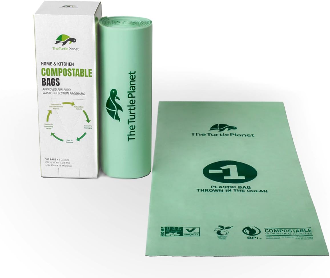 The Turtle Planet Organic Compostable Bags 3 Gallon 100 Count Extra Thick Small Kitchen Biodegradable Trash Bags Food Scraps Yard Waste Bags ASTM6400 | US | BPI | European VINCOTTE 100% Certificated