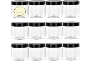 TUZAZO 6 Oz Plastic Container Jars with Lids and Labels BPA Free, Empty Round Clear Cosmetic Containers Plastic Slime Jars for Lotion, Cream, Ointments, Body Butter, Makeup, Travel Storage (12 Pack)