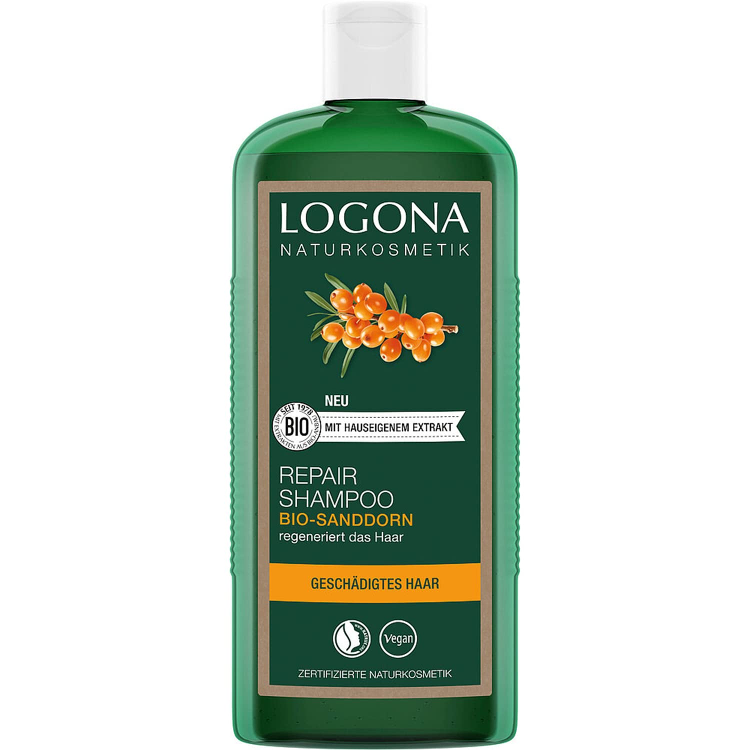 LOGONA Naturkosmetik & Care Shampoo, Organic Sea Buckthorn Intesive Care for Dry, Damaged Hair, Reaperted, 250 ml