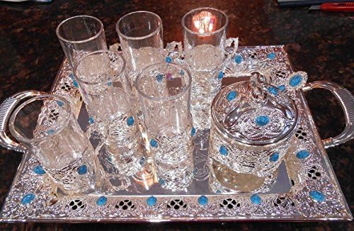 Set of 6 Turkish Tea Glasses with holders plus Sugar Bowl and Tray Silver with Blue Stones