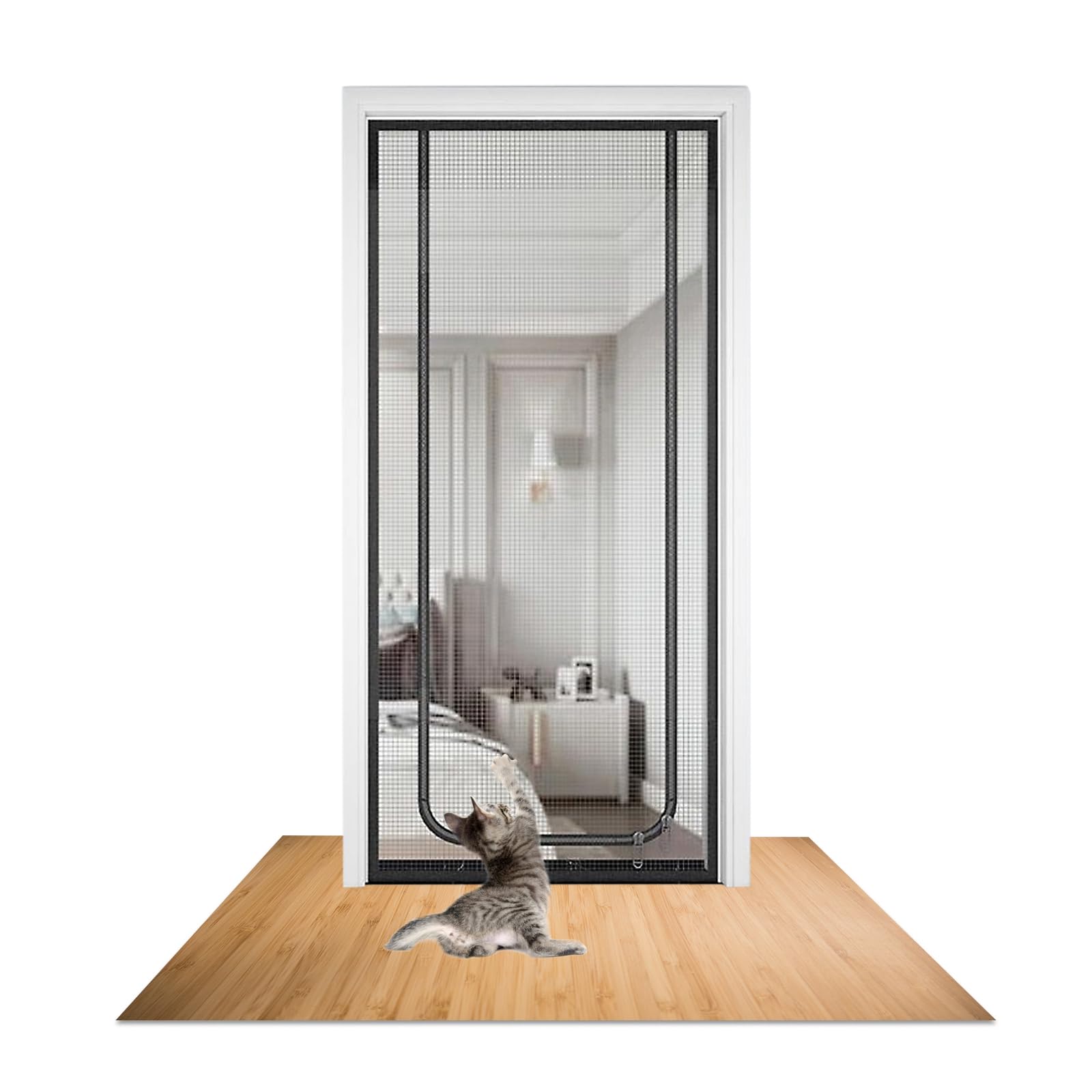 Reinforced Cat Screen Door, Pet Scratch Proof Screen with Double Zipper, Cat Resistant Mesh Screen Door Curtains for Living Room, Bedroom, Kitchen, Prevent Dogs Cats Running Out from Home (90x200cm)