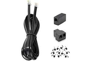 MENEWSTART Long Telephone Extension Cord 10 FT, Black, Phone Cable Line Wire with Standard RJ11 Plug, 1 Phone Line Splitter, 1 in-line Coupler and 10 Cable Clips for Telephone Calling Communication