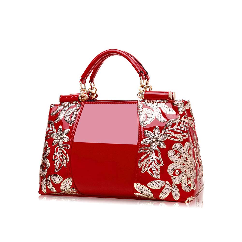 KEEPOP Women Handbag Top Handle Bag, Patent Leather Embroidery Fashion Tote Purse for Ladies Evening Party, Wedding, Special Occasion, Red