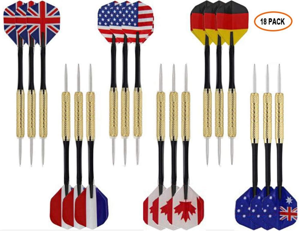 Weahre 18 Pack Steel Tip Darts with PVC Shafts, Brass Barrels, National Flag Flights and Extra Dart Rods for Rec Room, Man Cave, Bar and Game Room