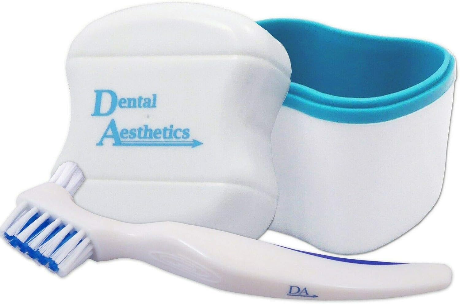 Denture Bath & Brush ~ Storage Container for Soaking Dentures Brush with Double Bristle Head (Blue Bath)