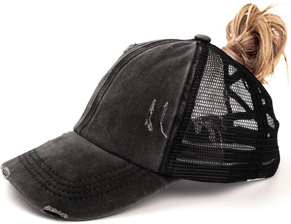 Womens Criss Cross Ponycap Distressed Messy High Bun Ponytail Baseball Cap Vintage Unconstructed Dad Hat Black at  Women’s Clothing store