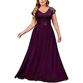 Miusol Women's Plus Size Cap Sleeve V Neck Floral Lace Ruffle Elegant Bridesmaid Evening Maxi Dress