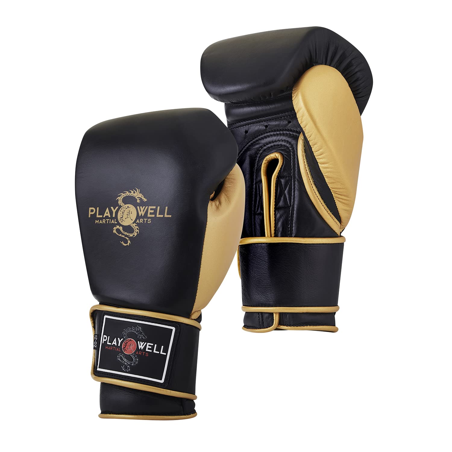 Playwell Premium Range: Pro Genuine Leather "Champion" Boxing Sparring Gloves - Black/Gold - NEW (14oz)