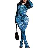 Ryehack Two Piece Sets for Women Floral Print See Through Mesh Long Sleeve Crop Tops and Pants Sets Jumpsuits Club Outfits