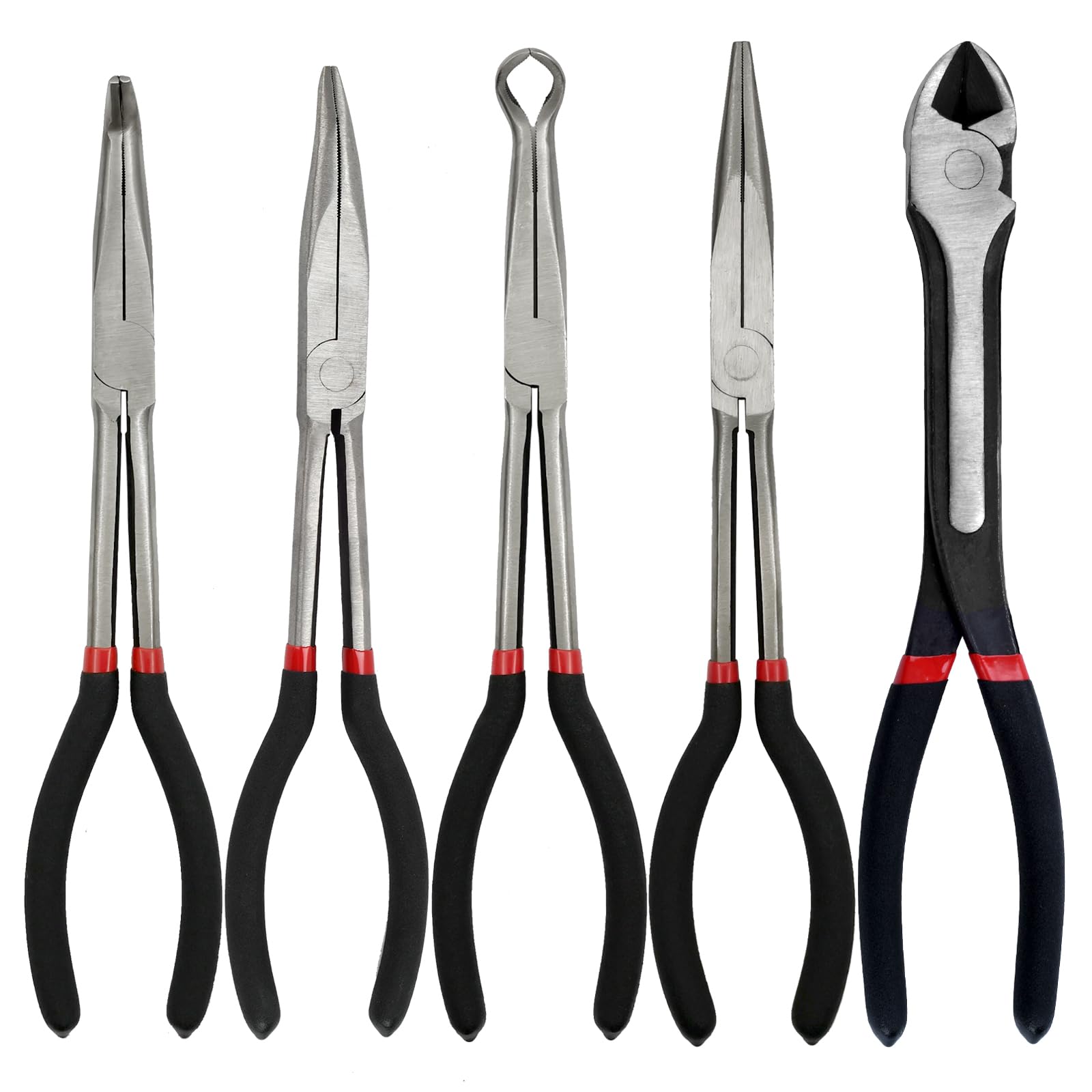 Long Needle Nose Pliers Set (5PCS-Straight/45/90/Circle/Diagonal)