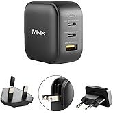 MINIX 66W Turbo 3-Port GaN Wall Charger 2 x USB-C Fast Charging Adapter, 1 x USB-A Quick Charge 3.0, Compatible with MacBook Pro Air, iPad Pro, iPhone 16/15/13/12/11, Galaxy S9 S8 and More (NEO P1)
